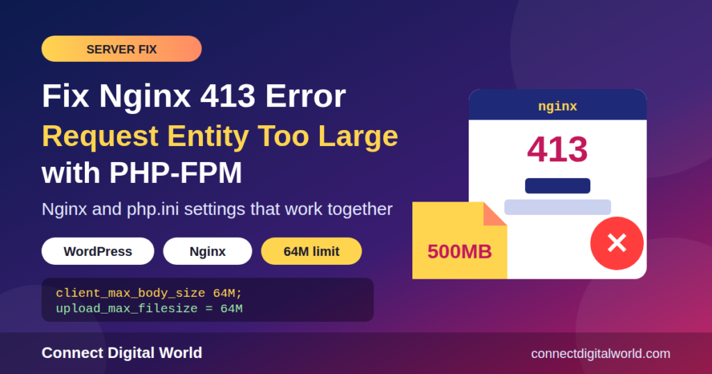 How to Fix Nginx 413 'Request Entity Too Large' with PHP-FPM 1 How to Fix Nginx 413 'Request Entity Too Large' with PHP-FPM